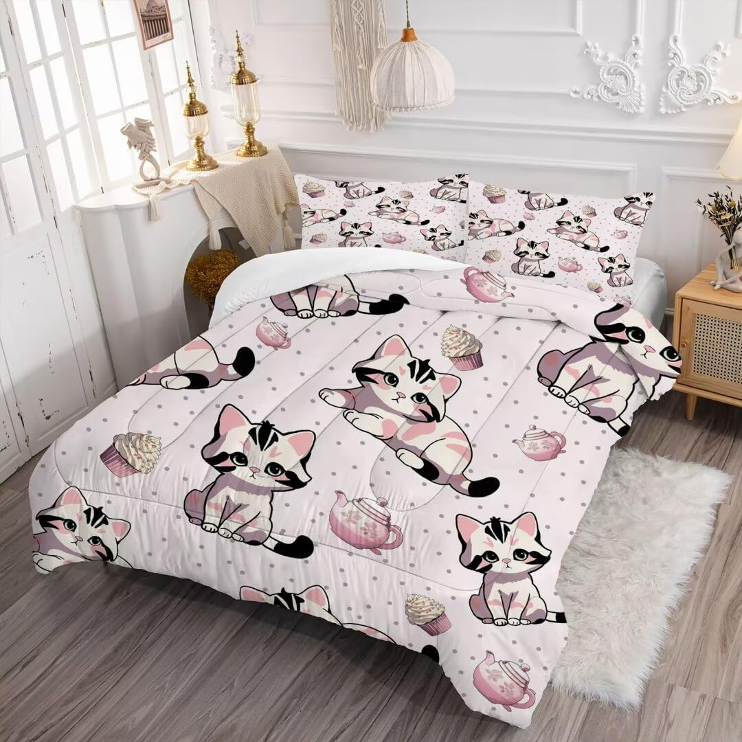 Pink Cat Comforter Set Twin Size for Girls 1
