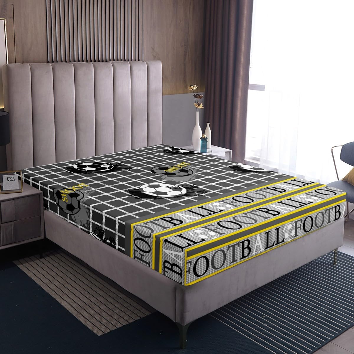 Football Bed Sheets Set Grey Yellow Fitted Sheet Pillowcases
