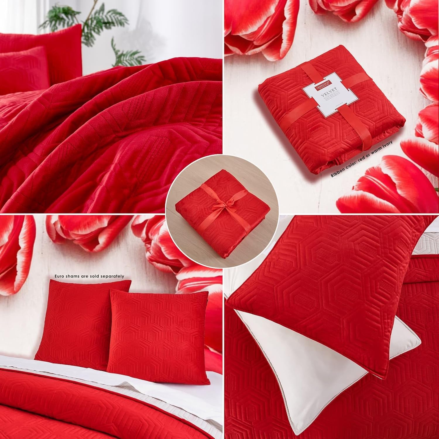 Querencia Velvet Quilt Set Queen - Red Ivory Geometric Comforter