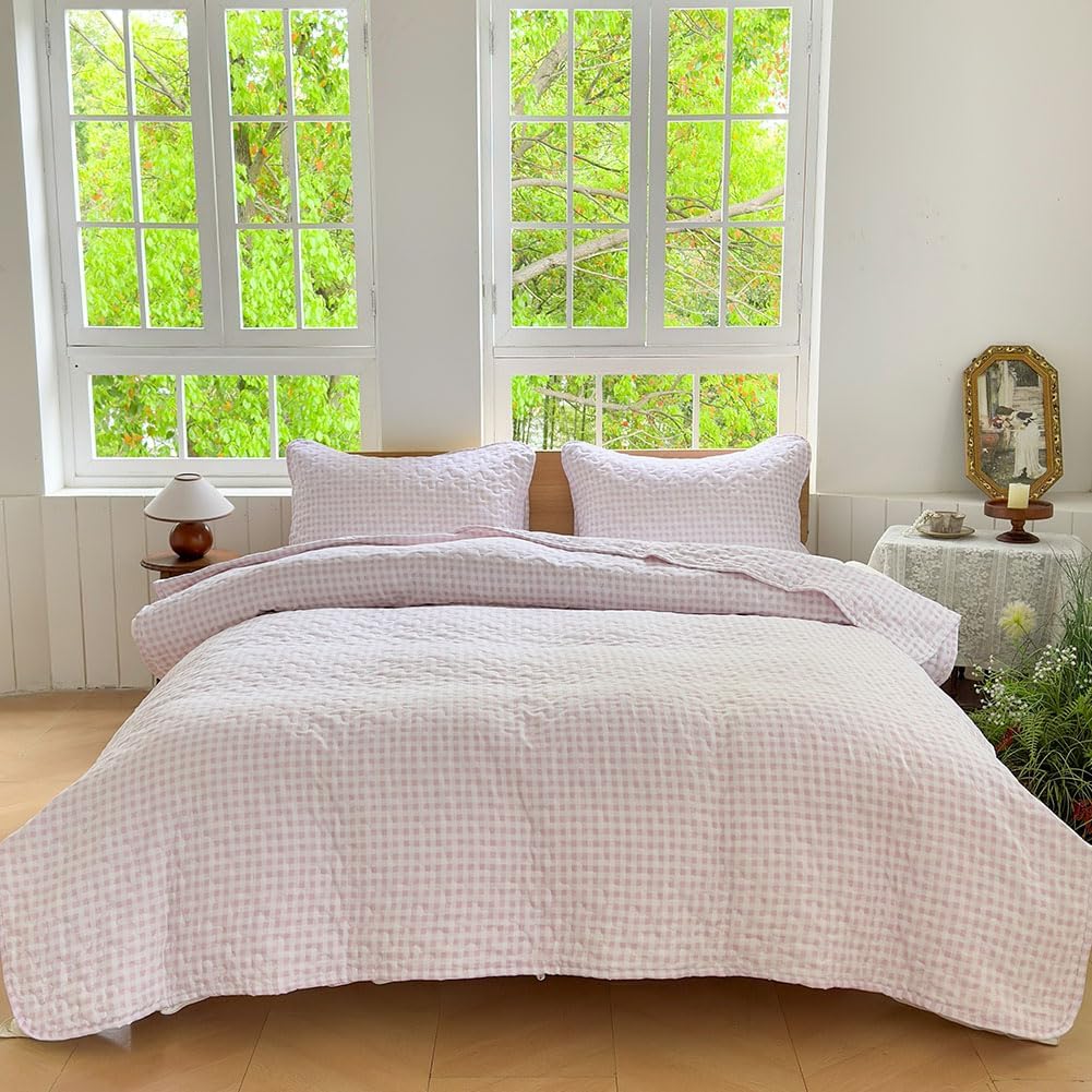 NSNLGSGC Pink Gingham Queen Quilt Set