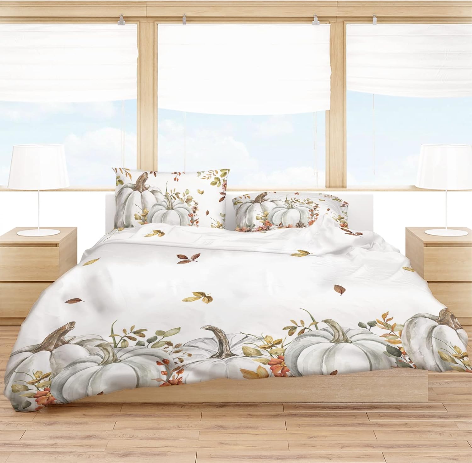 OComster California King Duvet Cover Set with Grey Pumpkin Flower Design