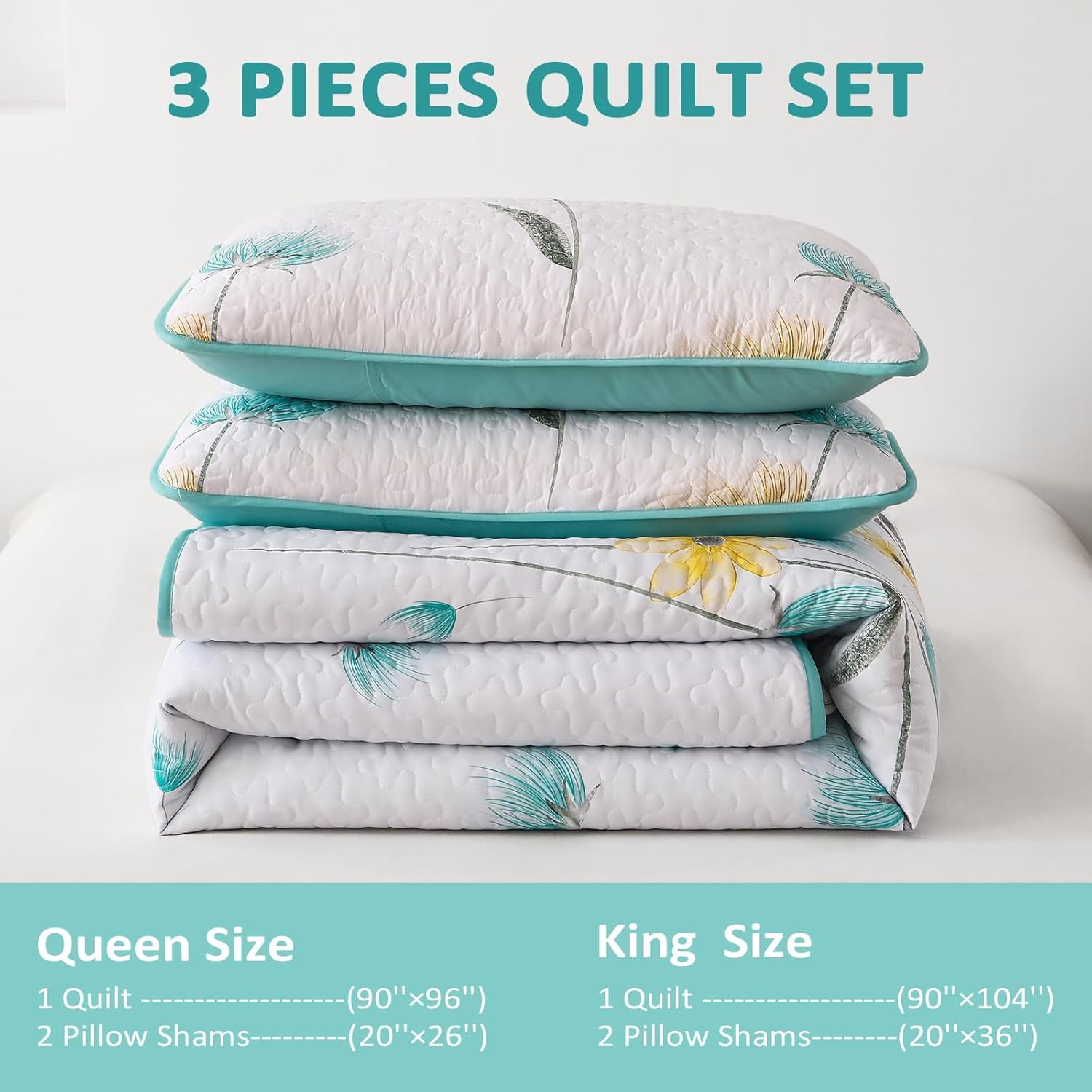 Dinjoy Floral King Quilt Set 3 Piece Aqua Farmhouse Bedding 1