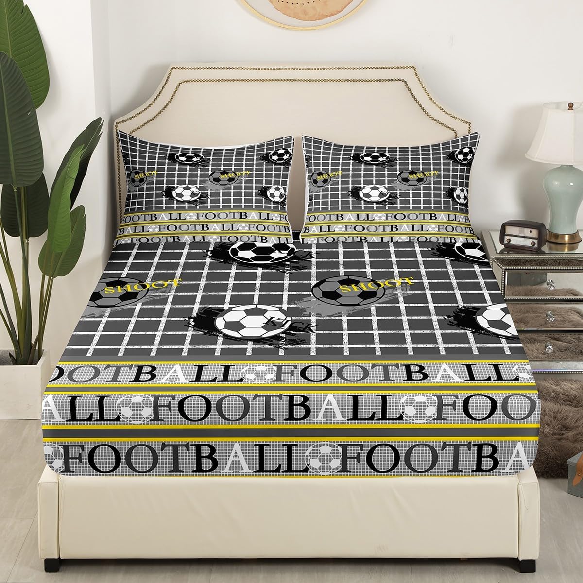 Football Bed Sheets Set Grey Yellow Fitted Sheet Pillowcases