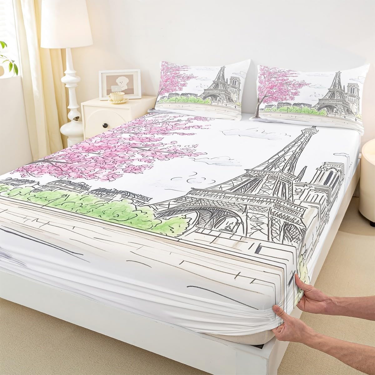 Jejeloiu Paris Themed Sheet Set with Pillowcase for Kids