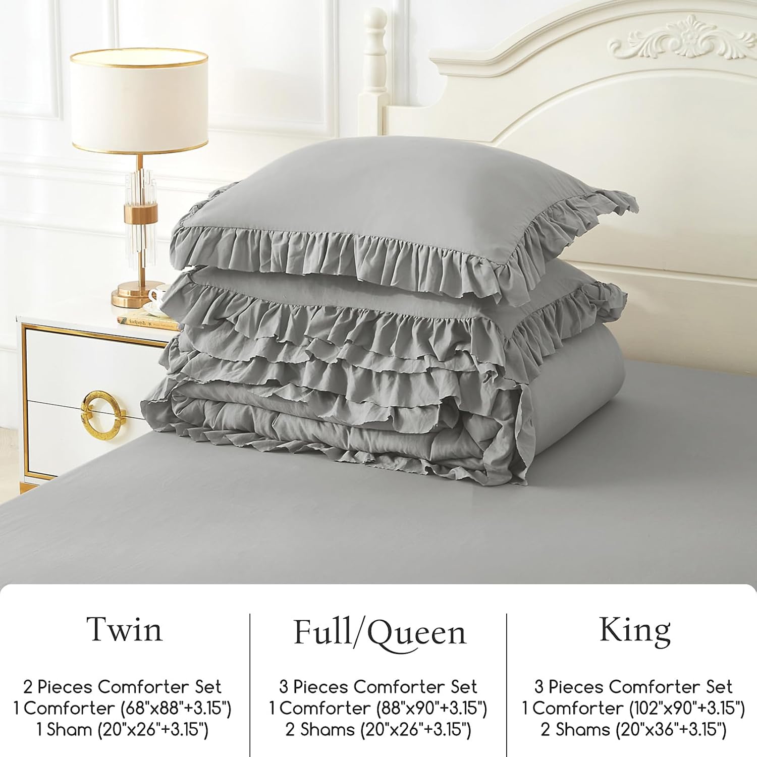 ARTALL Twin Ruffled Comforter Set - Light Grey