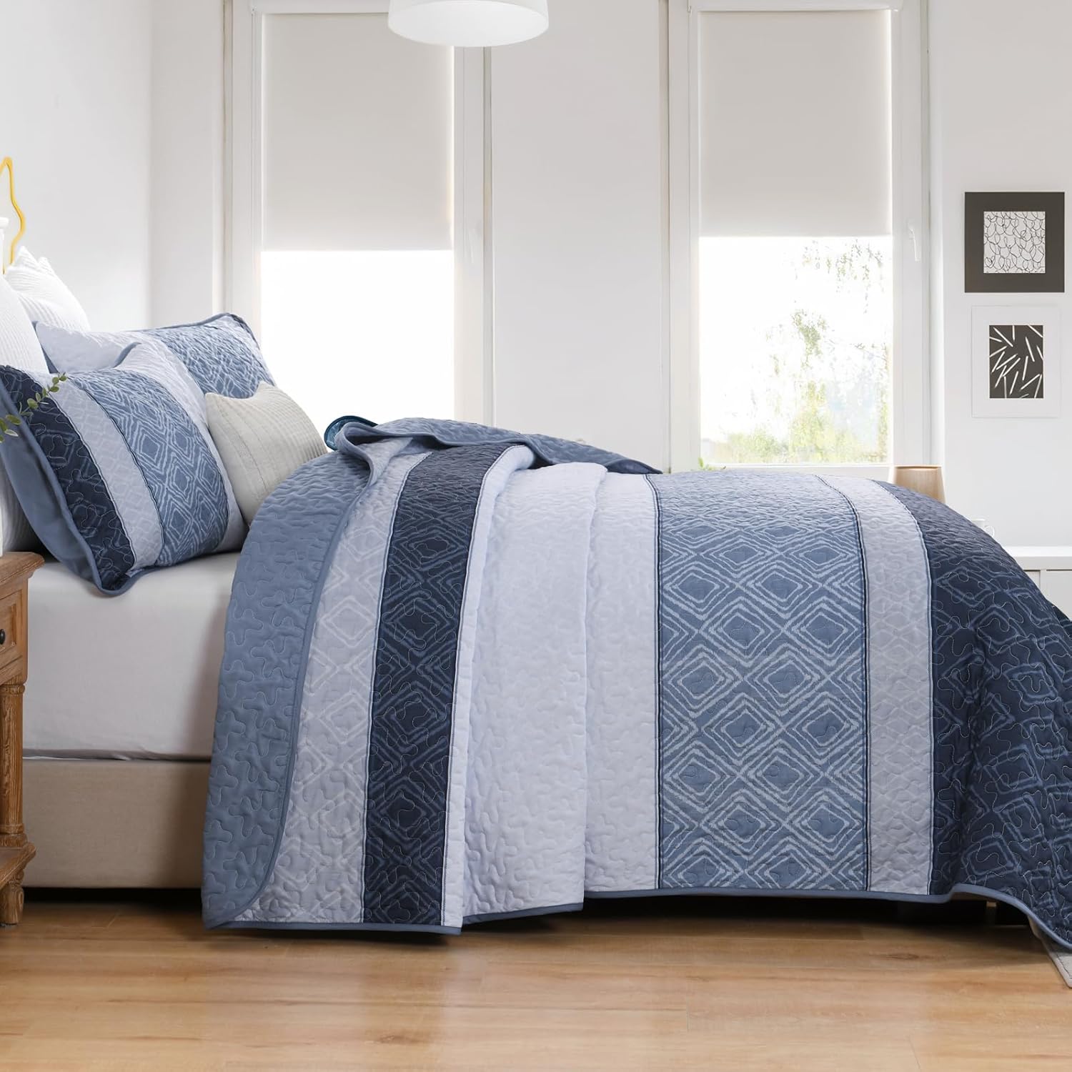 Cottolester King Size Quilt Set 3 Pieces Striped Plaid 1