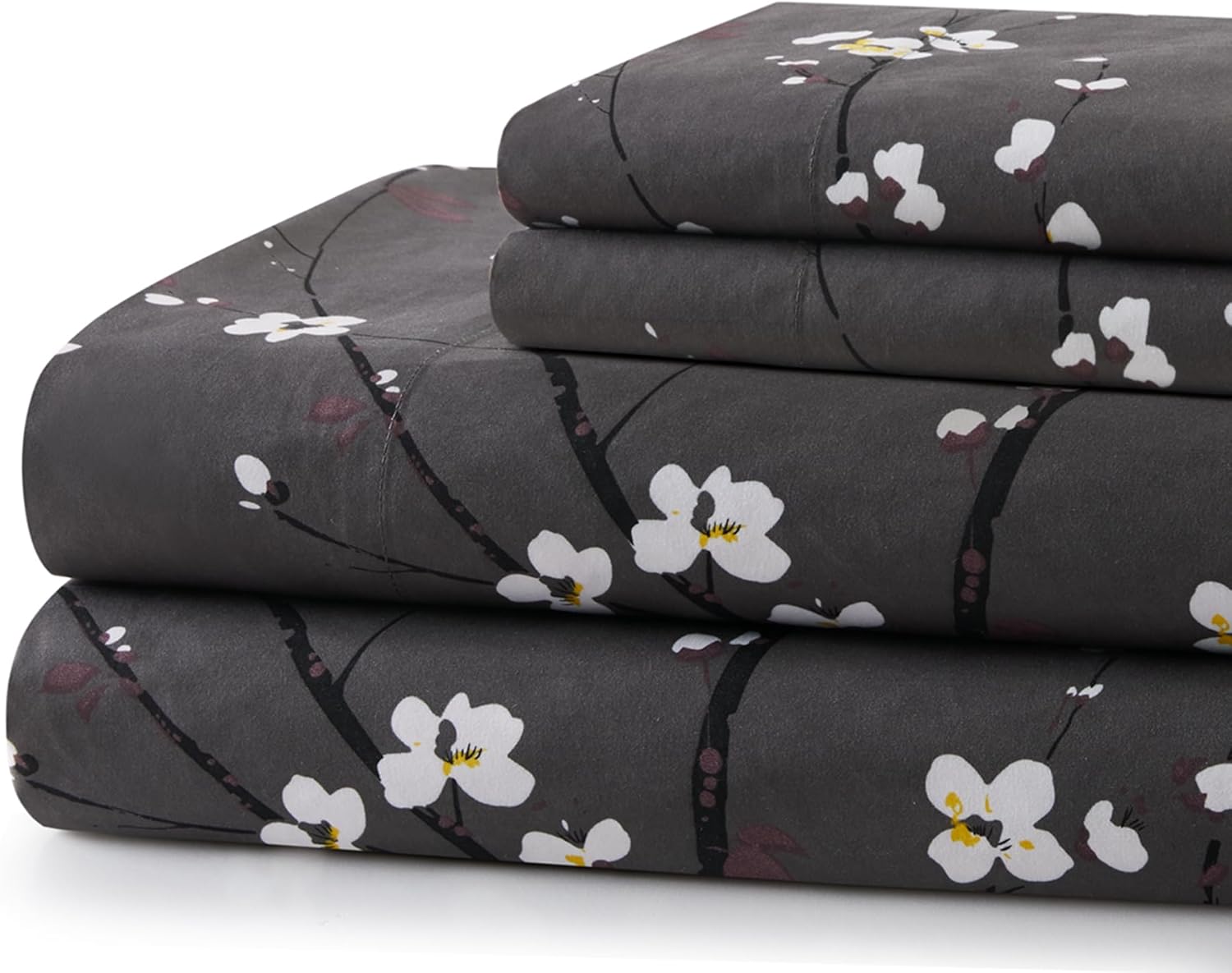 Plum Blossom Floral Grey Printed 600 Thread Count Cotton Blend Sheet Set