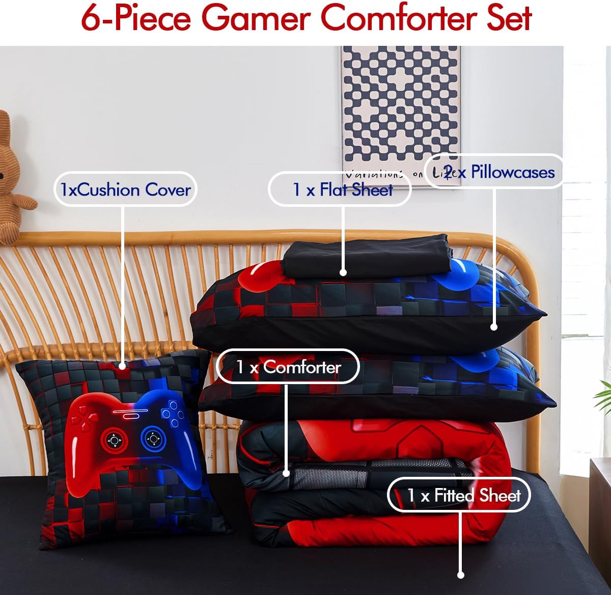 PERFEMET 6 Piece Kids Comforter Set Twin Red Blue Gamer Bedding