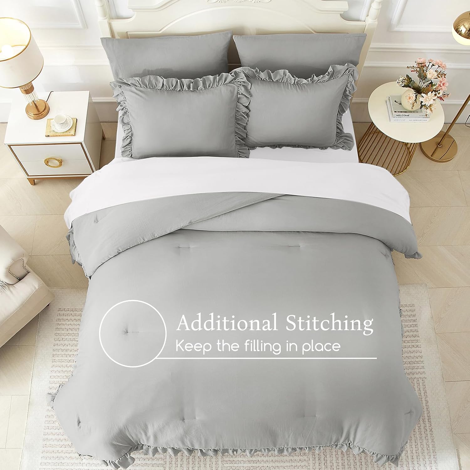 ARTALL Twin Ruffled Comforter Set - Light Grey