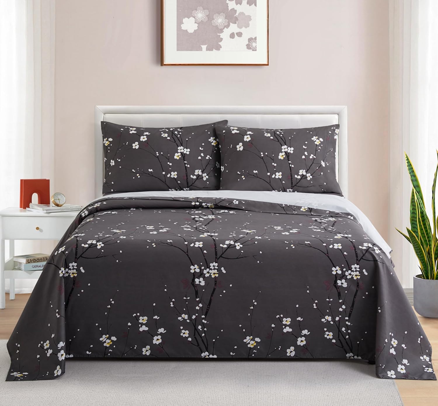 Plum Blossom Floral Grey Printed 600 Thread Count Cotton Blend Sheet Set