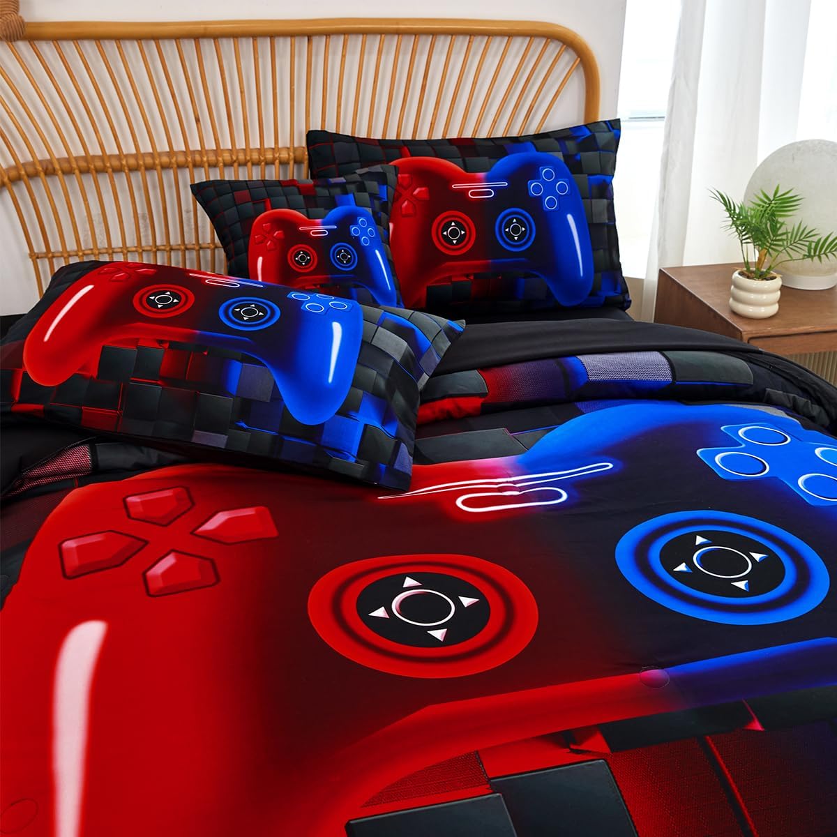 PERFEMET 6 Piece Kids Comforter Set Twin Red Blue Gamer Bedding