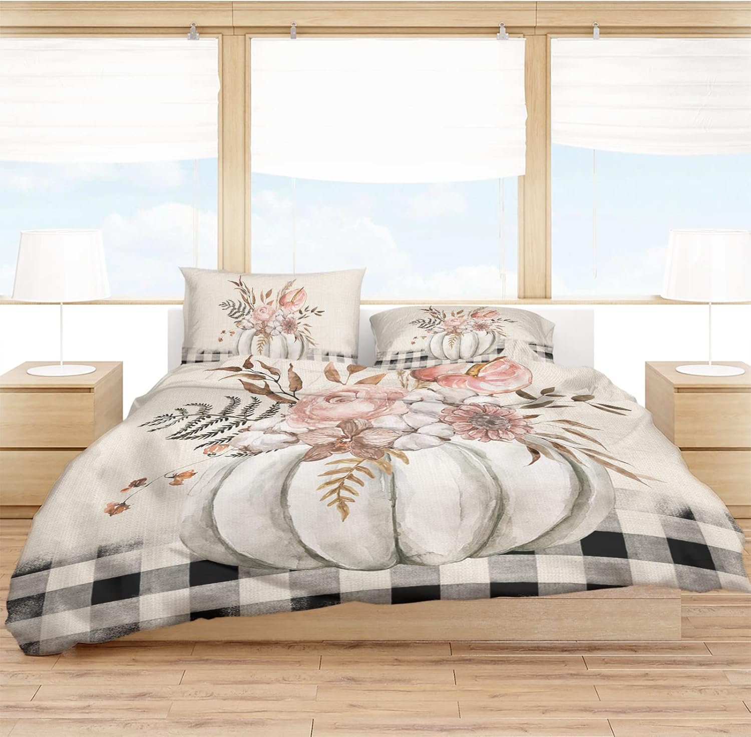 OComster California King Duvet Cover Set with Grey Pumpkin Plaid