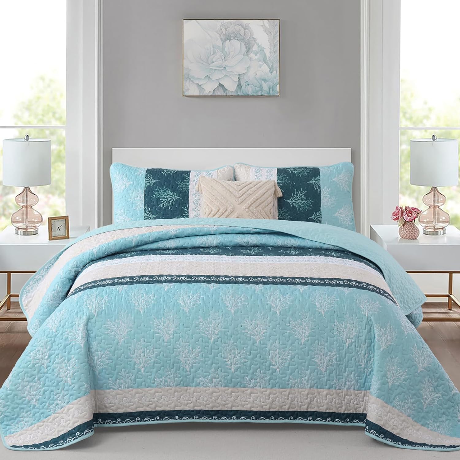 DJY Light Blue Boho Quilt Set 3 Pieces King Size