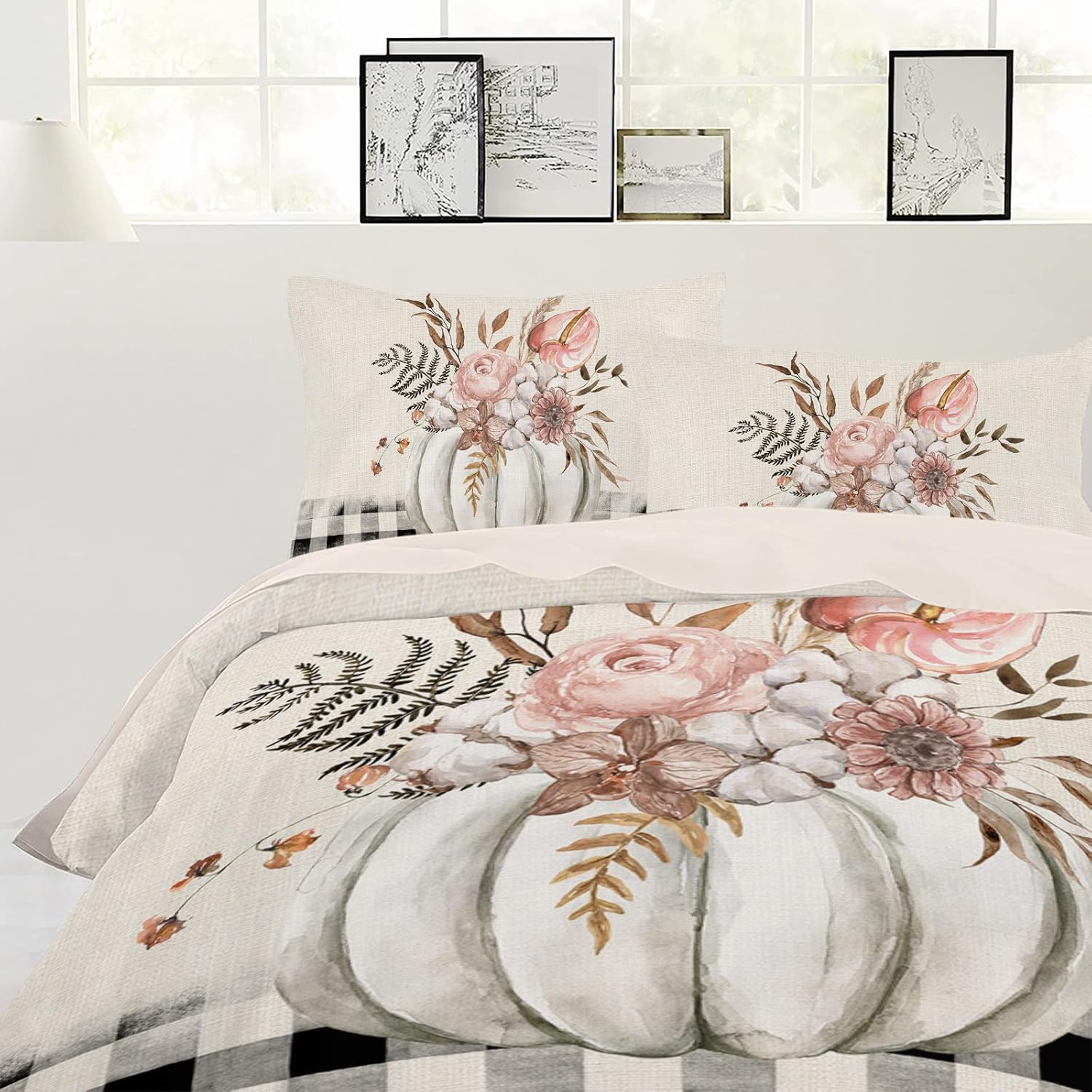 OComster California King Duvet Cover Set with Grey Pumpkin Plaid