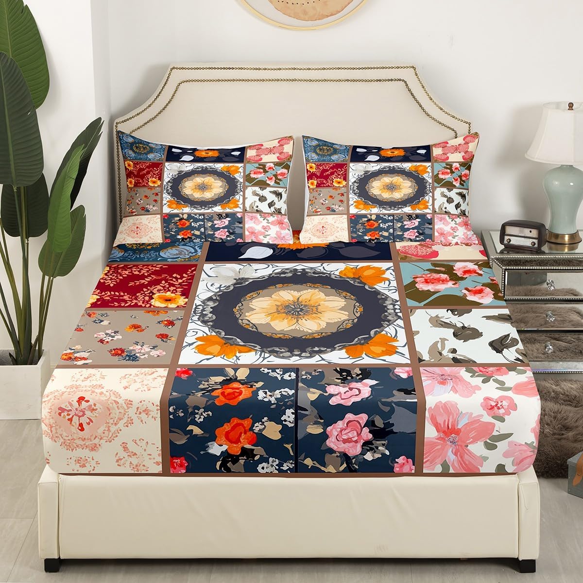 Boho Floral Patchwork Queen Bed Sheet Set