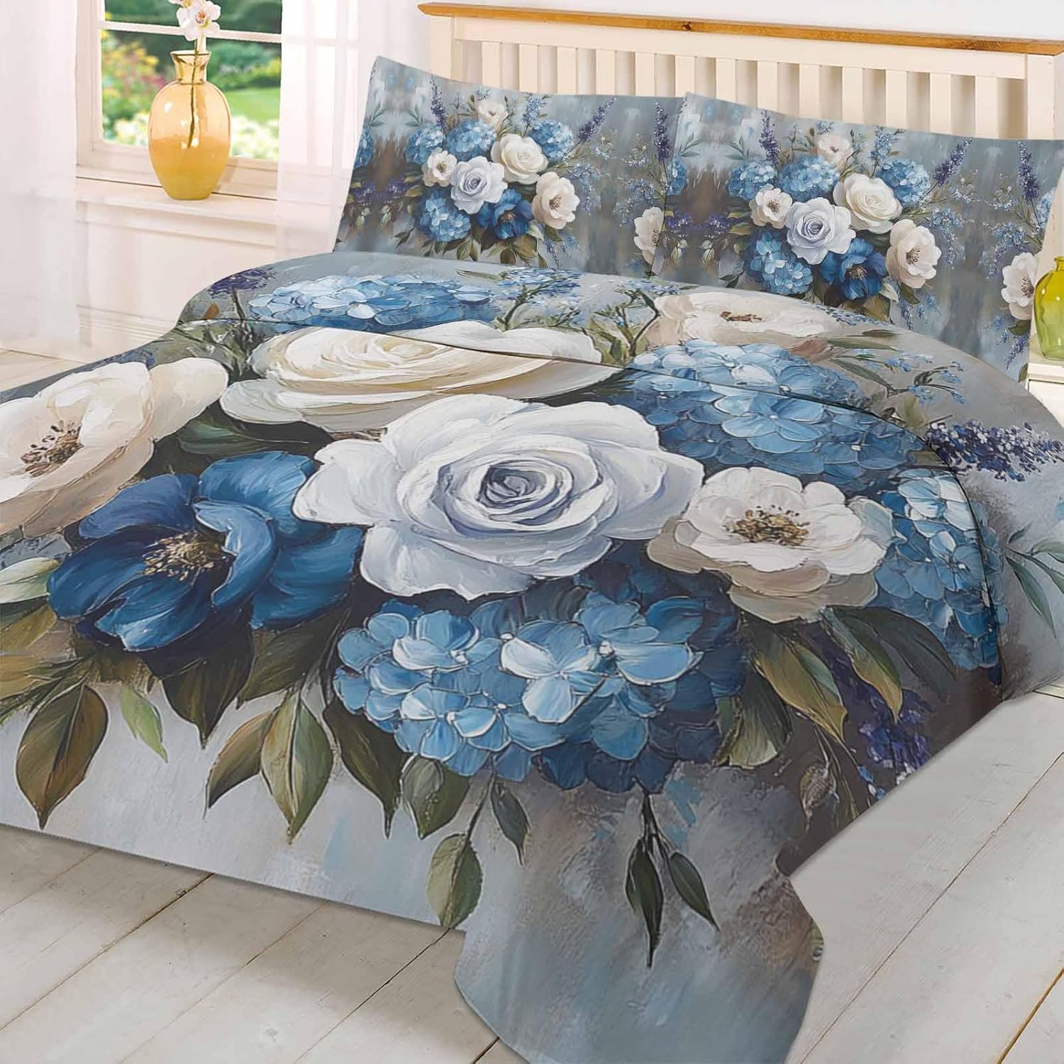 Boanket 3-Piece Queen Duvet Cover Set with Zipper White Blue Floral