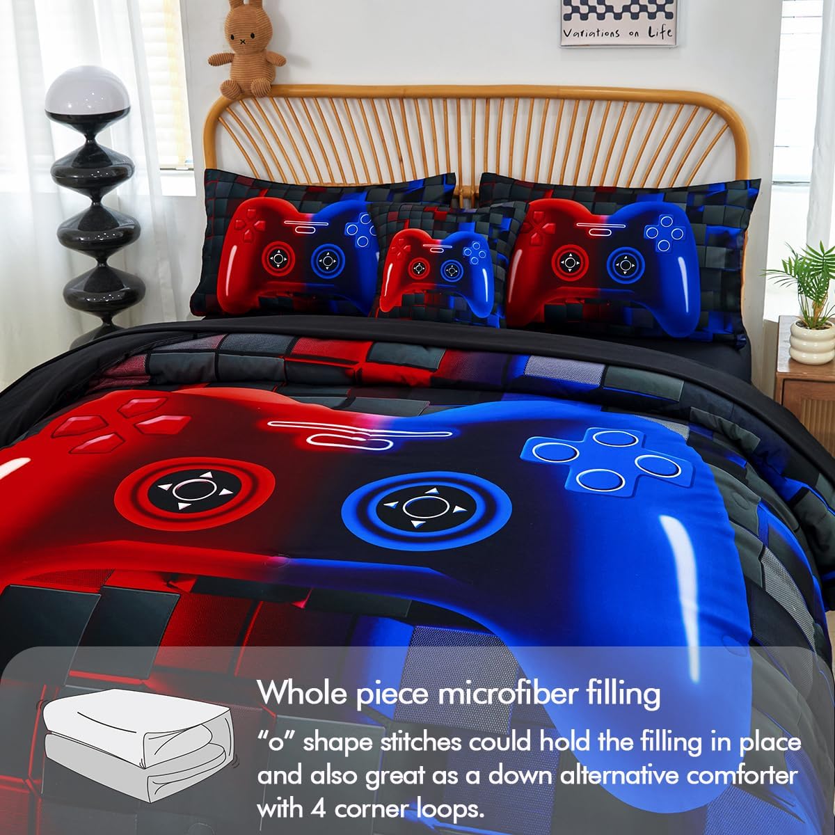 PERFEMET 6 Piece Kids Comforter Set Twin Red Blue Gamer Bedding