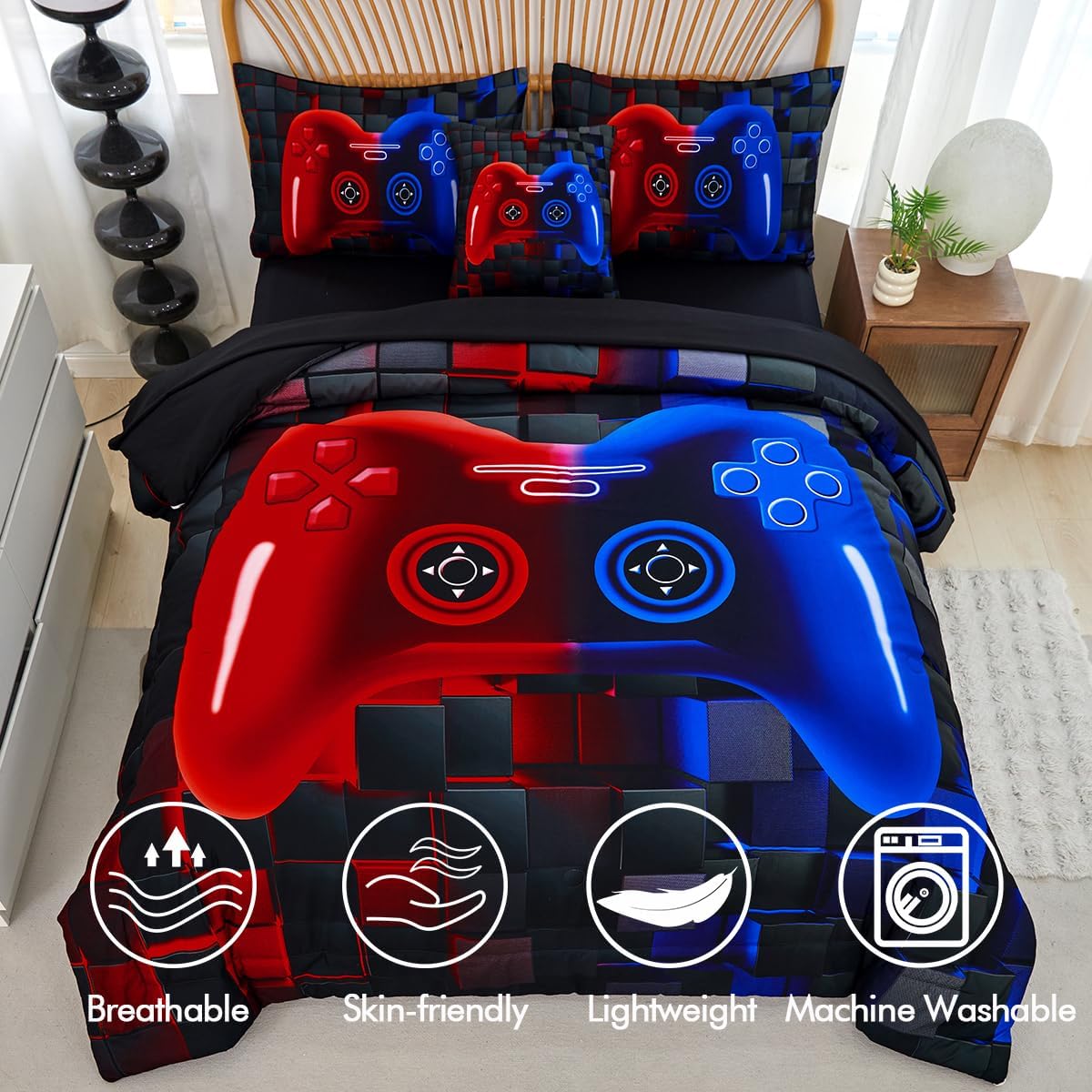PERFEMET 6 Piece Kids Comforter Set Twin Red Blue Gamer Bedding