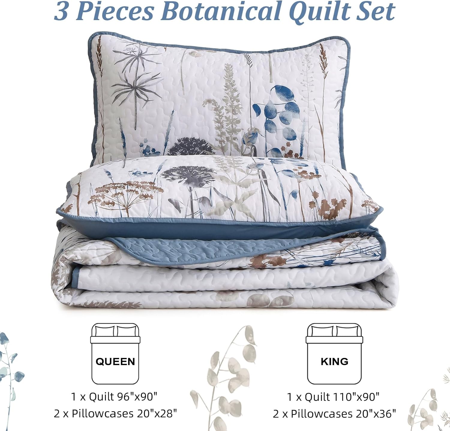 Dobuyly Blue Floral King Quilt Set 3pcs