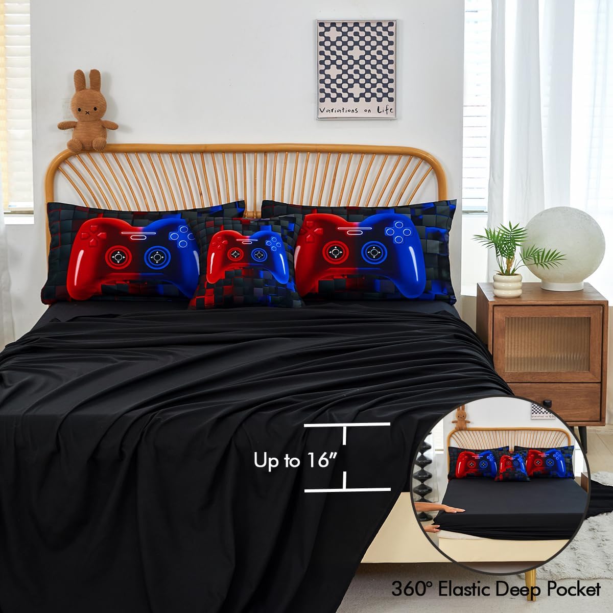 PERFEMET 6 Piece Kids Comforter Set Twin Red Blue Gamer Bedding