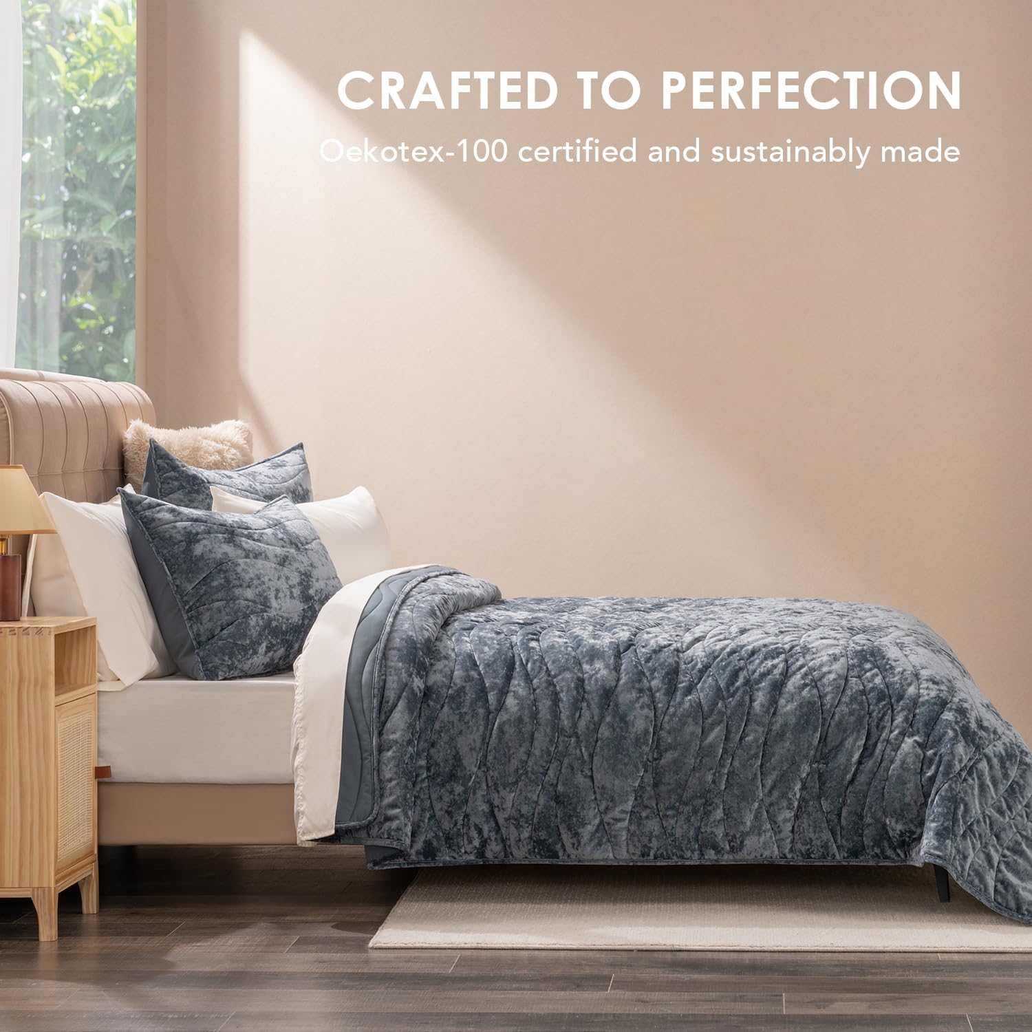 EVERGRACE Velvet Queen Quilt Set Stormy Blue