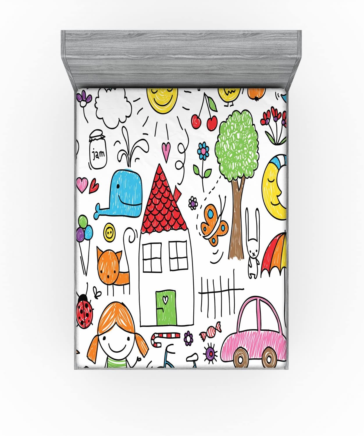 Ambesonne Cartoon Fitted Sheet Multicolor California King