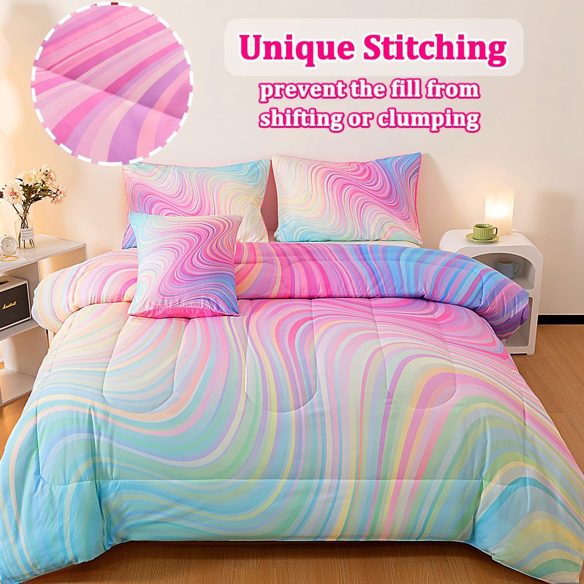 ASKOTU Girls Pink Blue Rainbow Comforter Set 6 Pcs