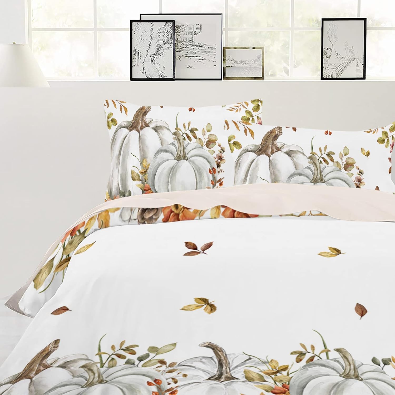 OComster California King Duvet Cover Set with Grey Pumpkin Flower Design