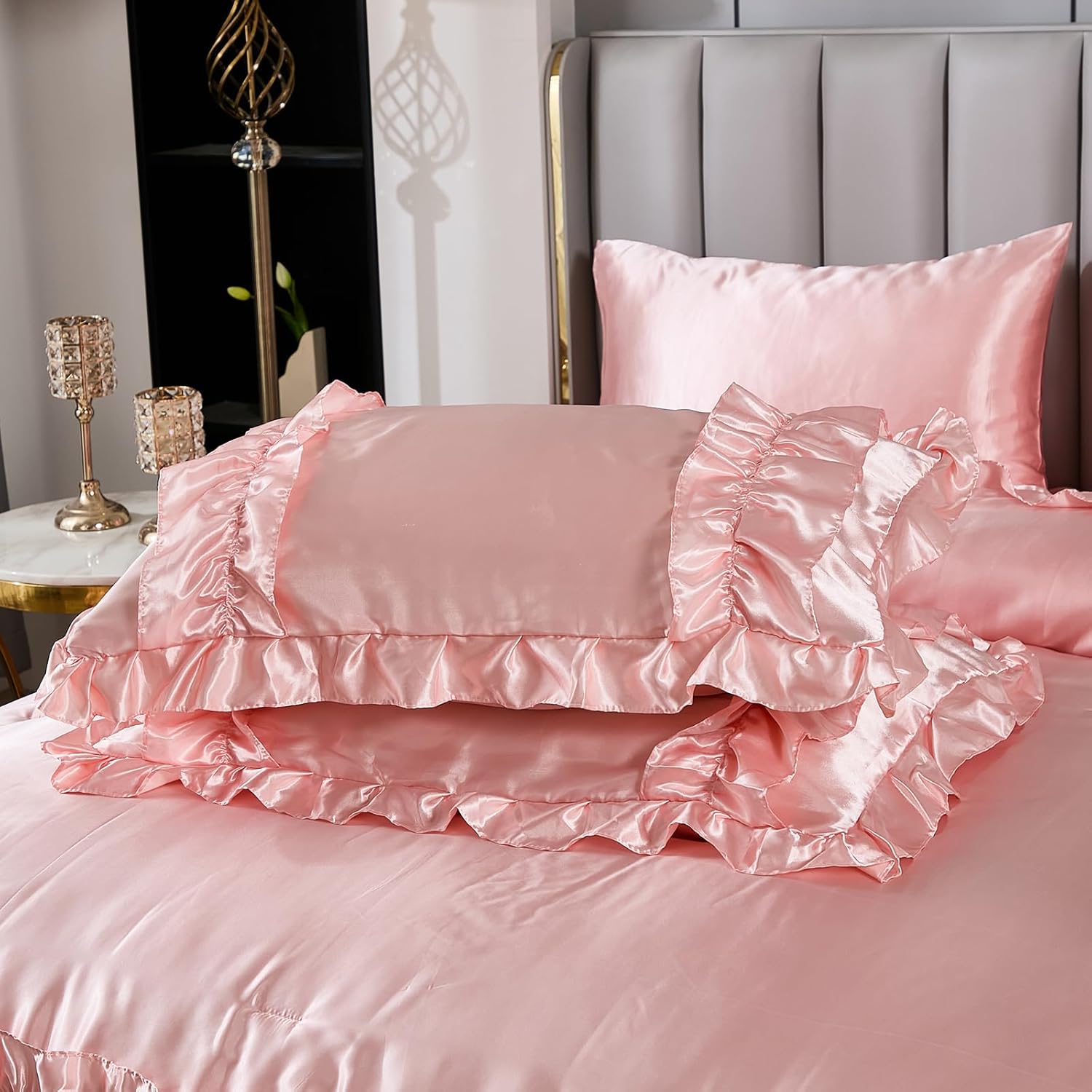 MOVE OVER Satin Comforter Set King Size 8 Pieces Pink
