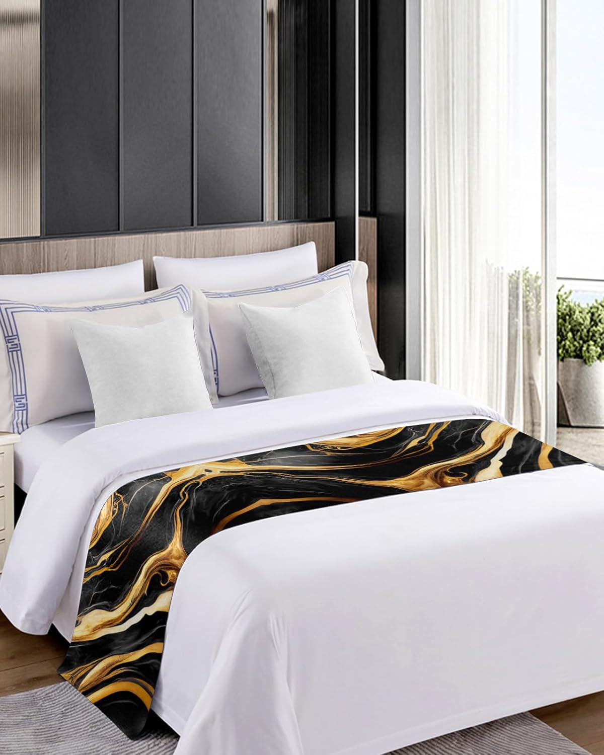 Sabolny Marble Black Bed Runner Scarf Twin Size