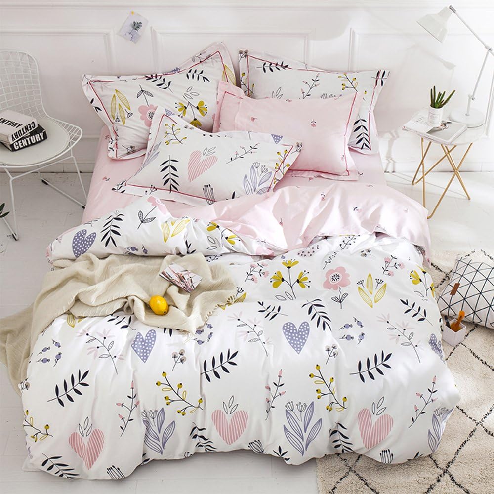 BuLuTu 3 Piece Floral Love Print Duvet Cover Set