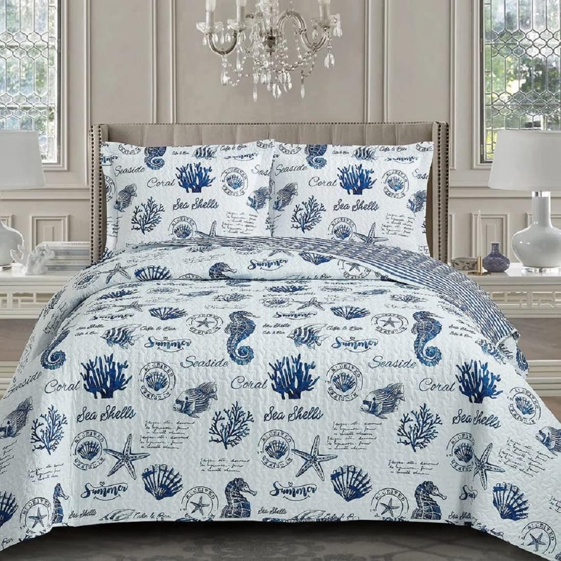 Royal Tradition Seaside Sea Shells Reversible Quilt Set