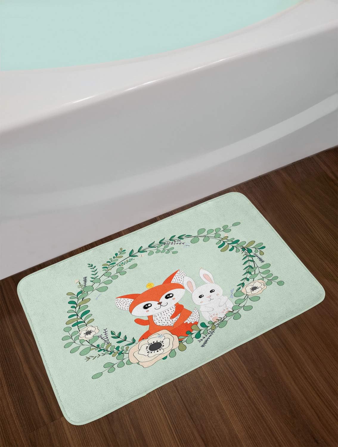 Ambesonne Cartoon Animal Bath Mat - Spring Friends Rabbit and Fox Floral