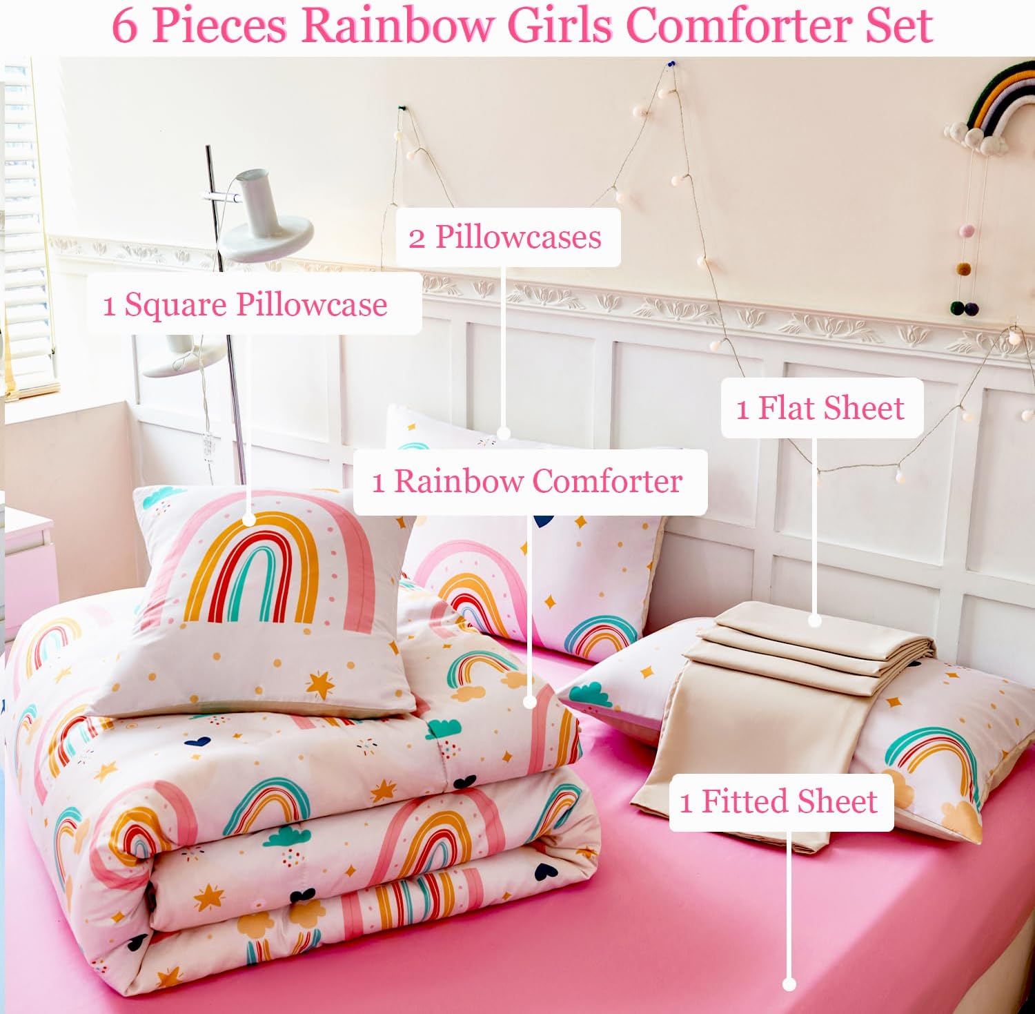 ANGIYUIN 6 Piece Rainbow Comforter Set for Girls