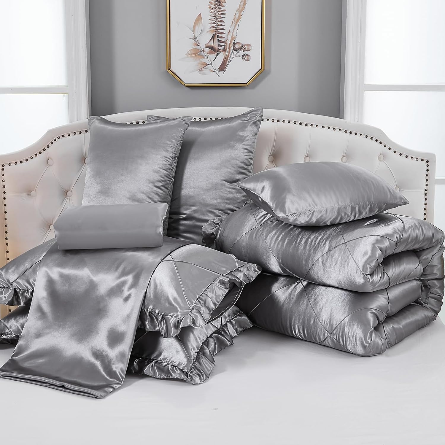 Grey Queen Comforter Set with 8 Pcs Satin Bedding