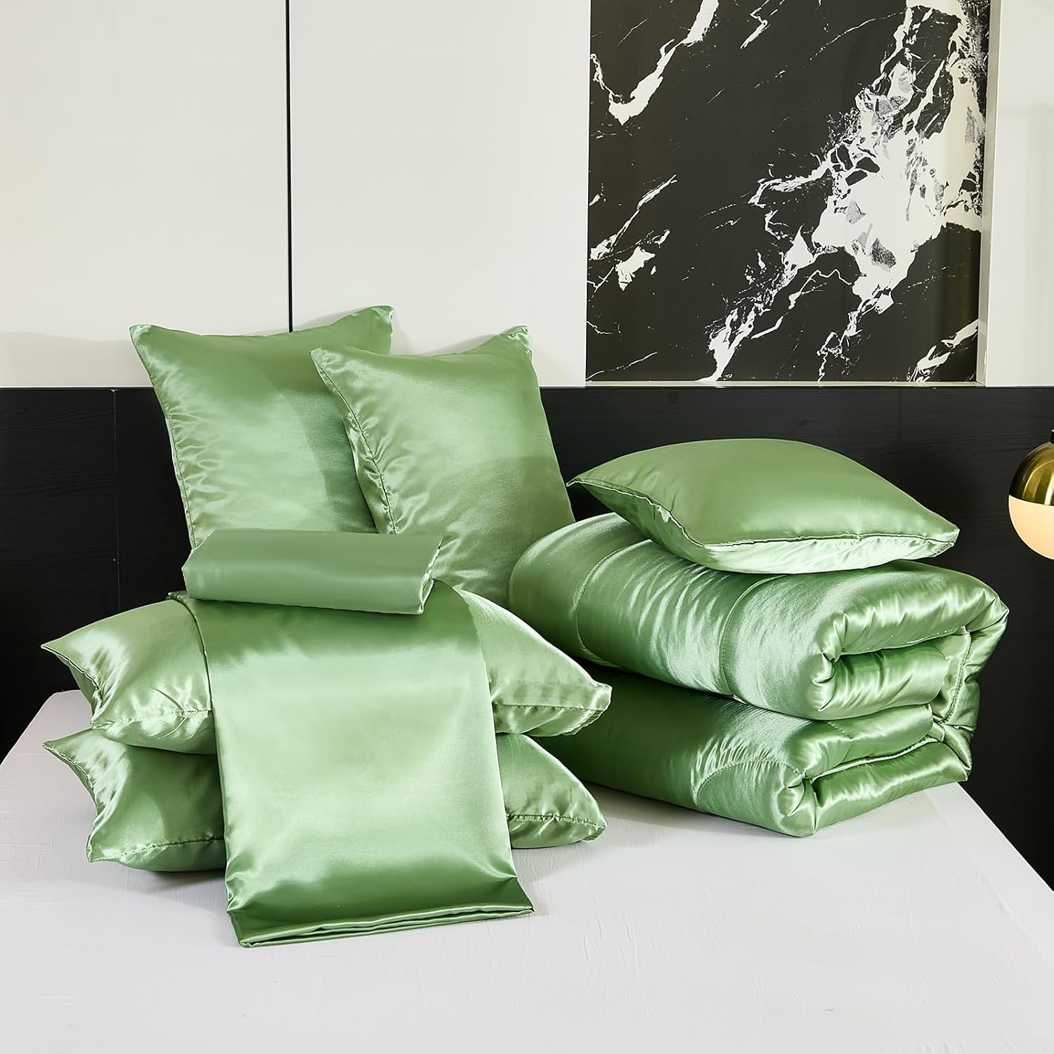 Green Queen Comforter Set with 8 pcs Satin Bedding