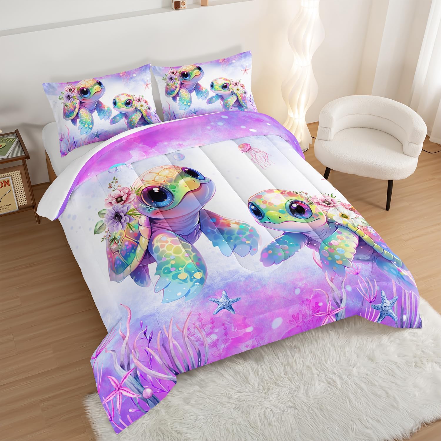 Kids Comforter Set with Turtle Print and Purple Design