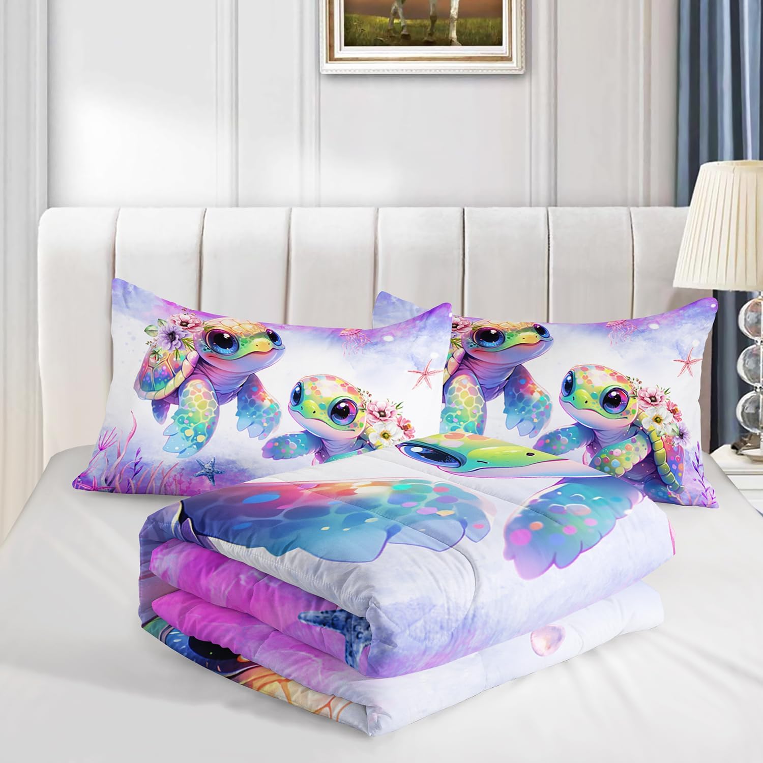 Kids Comforter Set with Turtle Print and Purple Design