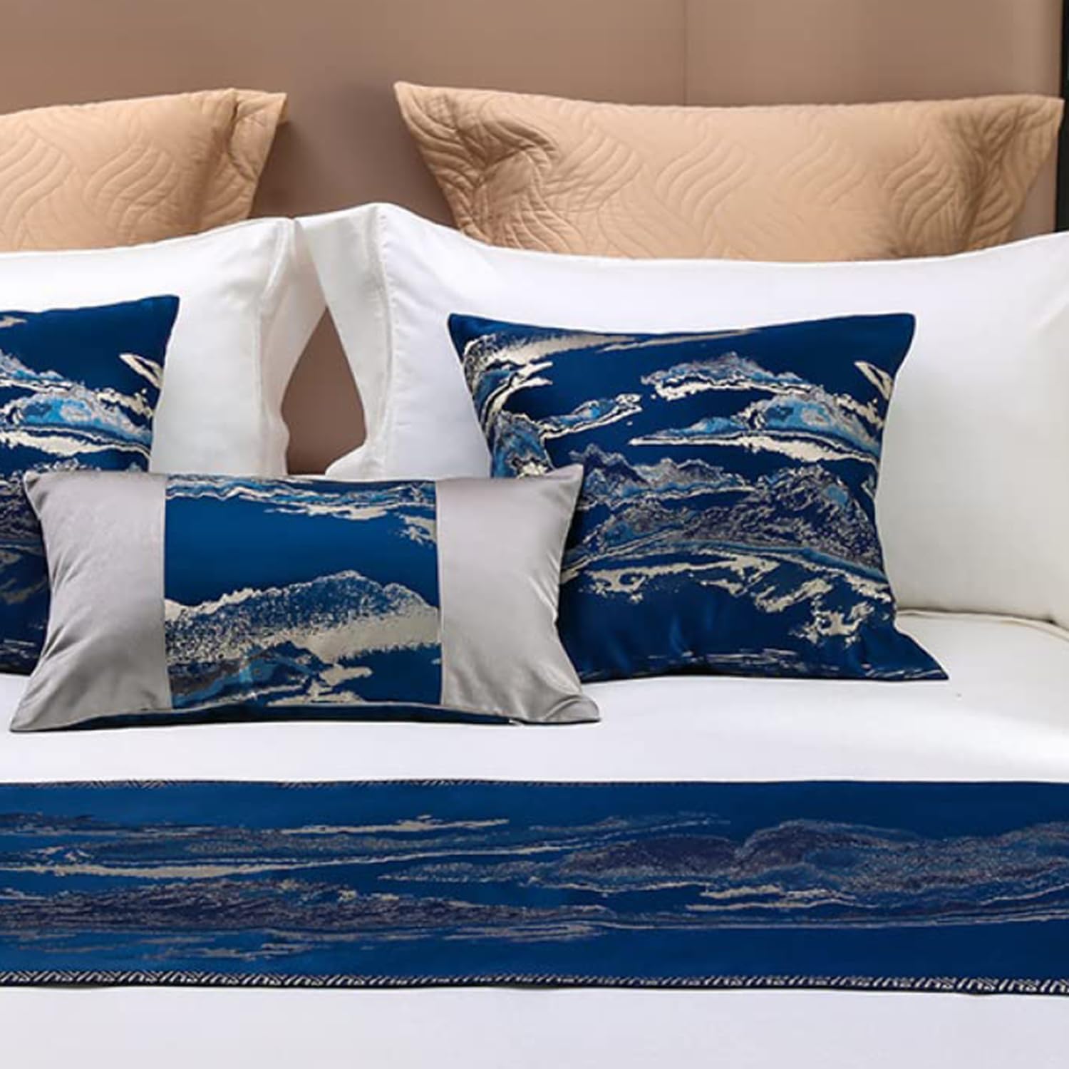 Luxury Blue Bed Runner Scarf with Jacquard Design