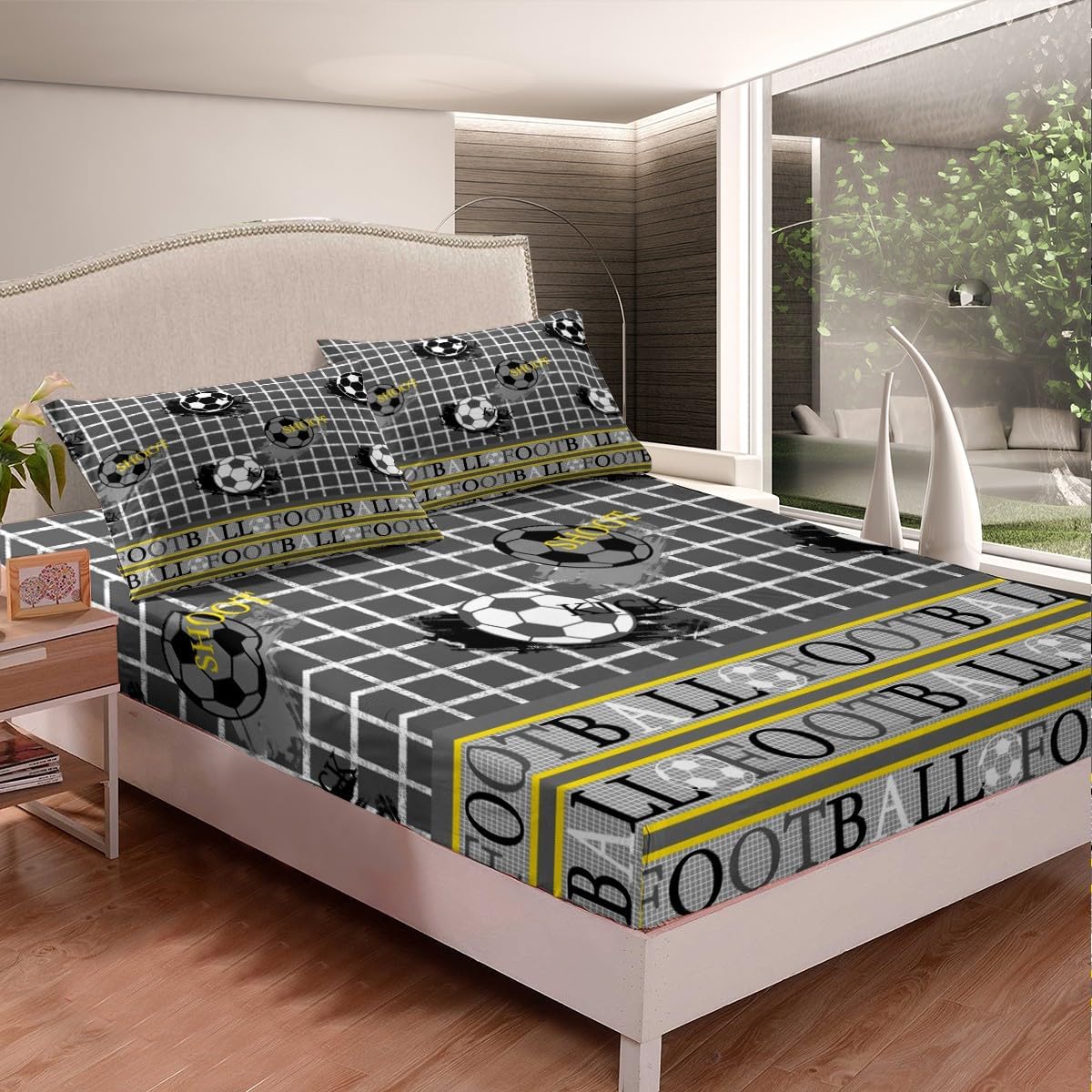 Football Bed Sheets Set Grey Yellow Fitted Sheet Pillowcases