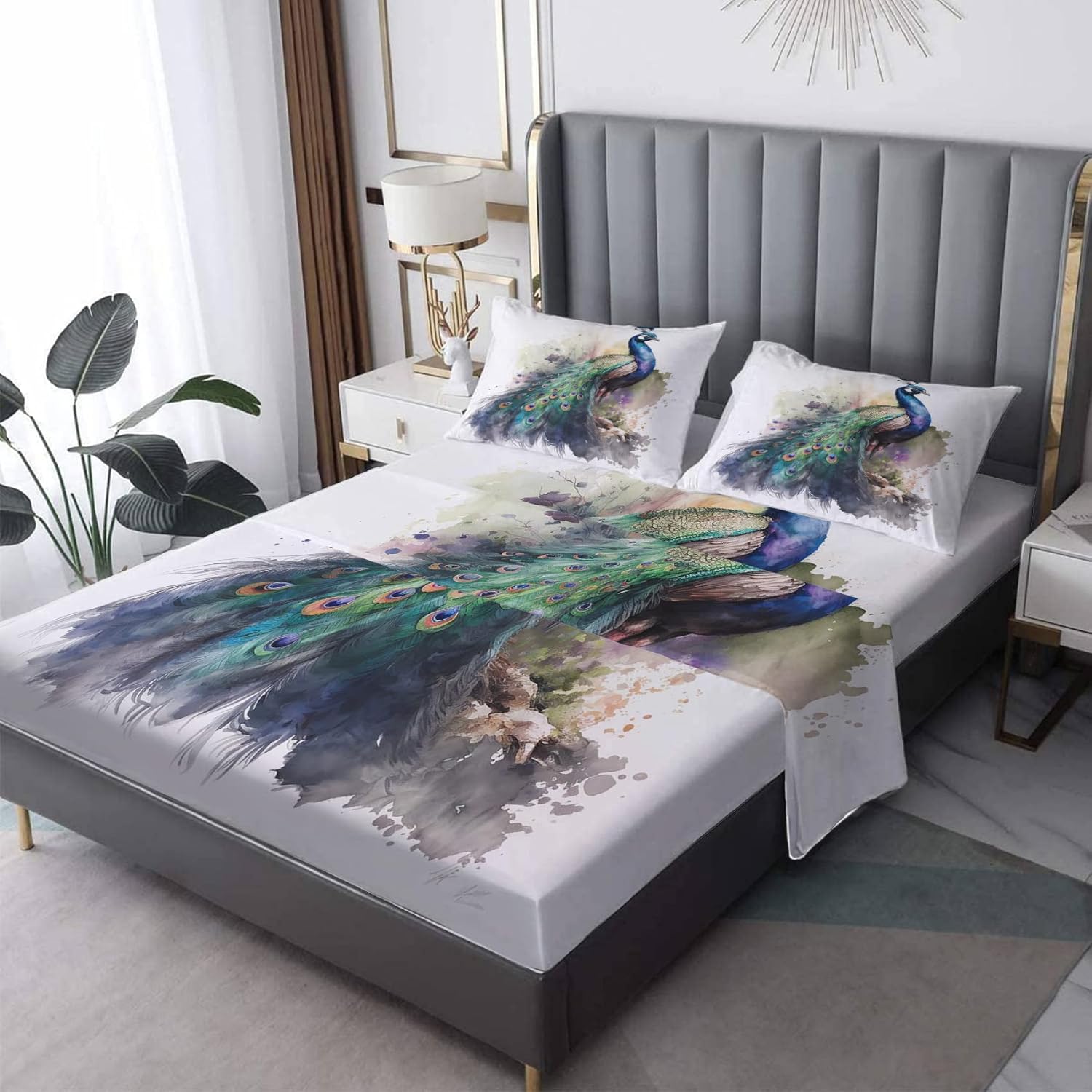 Peacock Watercolor California King Bed Sheet Set
