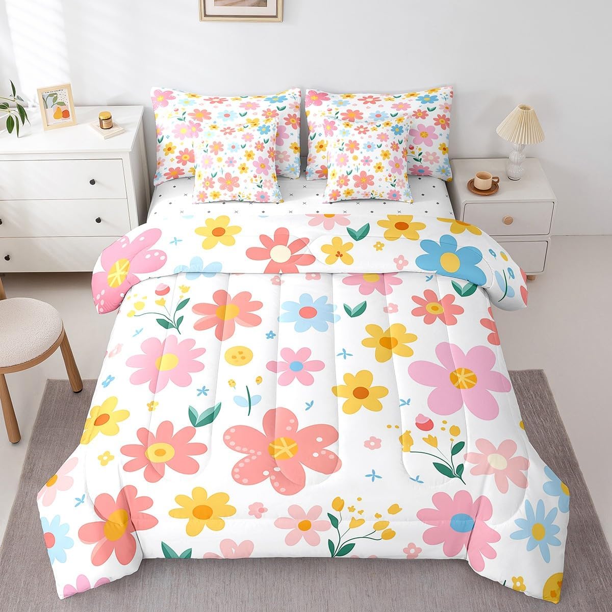 Feelyou Cute Flower Comforter Set Kids 7 Piece Bed in a Bag