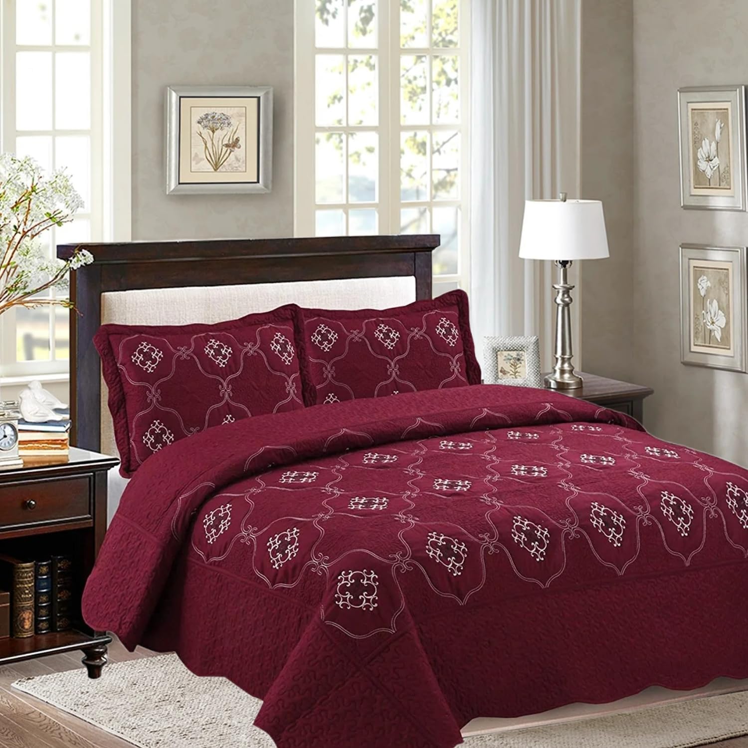 MarCielo 3-Piece Embroidery Quilt Set - Burgundy California King