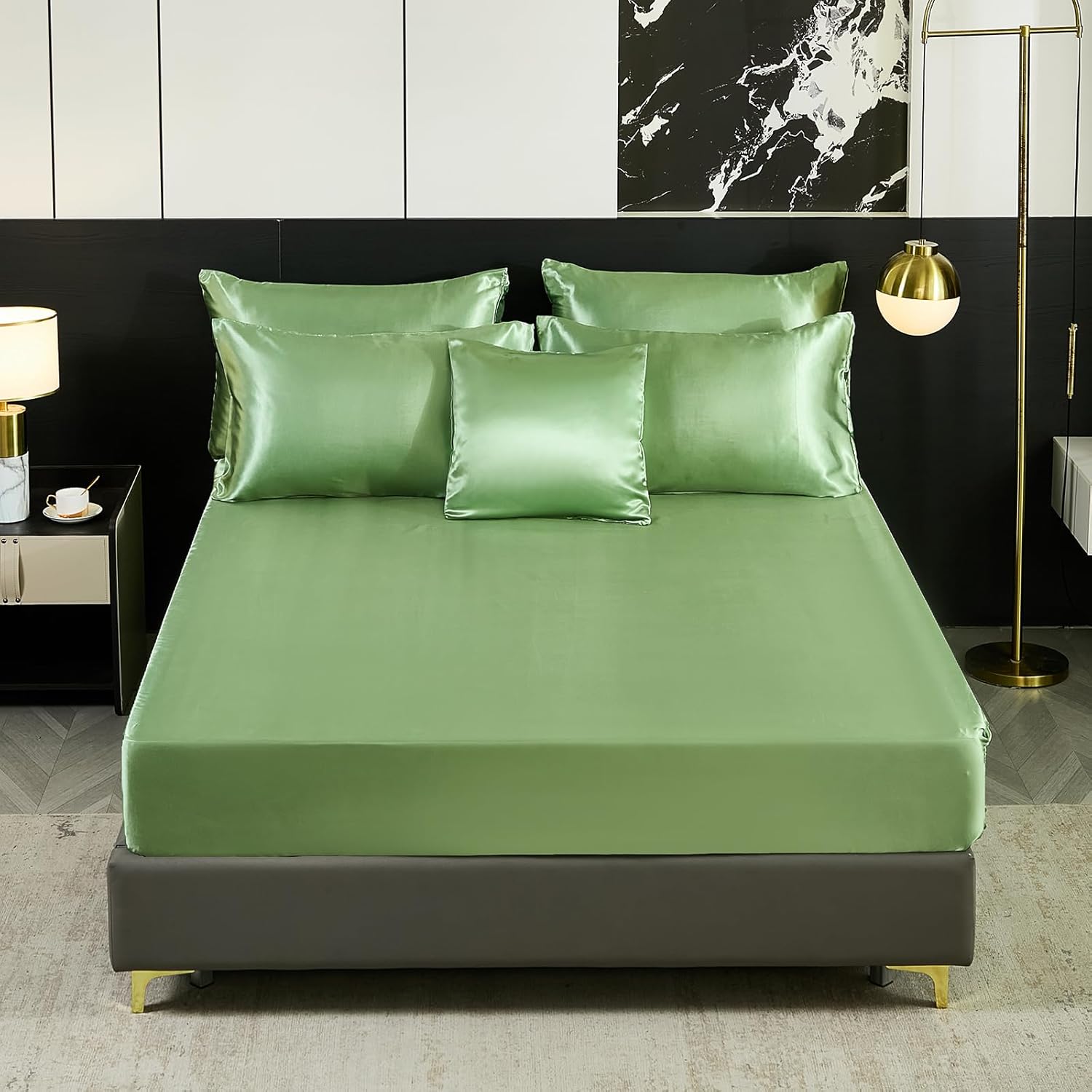Green Queen Comforter Set with 8 pcs Satin Bedding