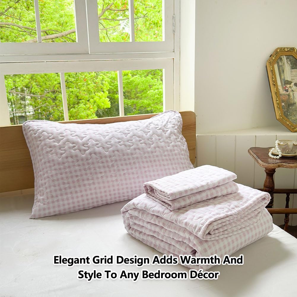 NSNLGSGC Pink Gingham Queen Quilt Set