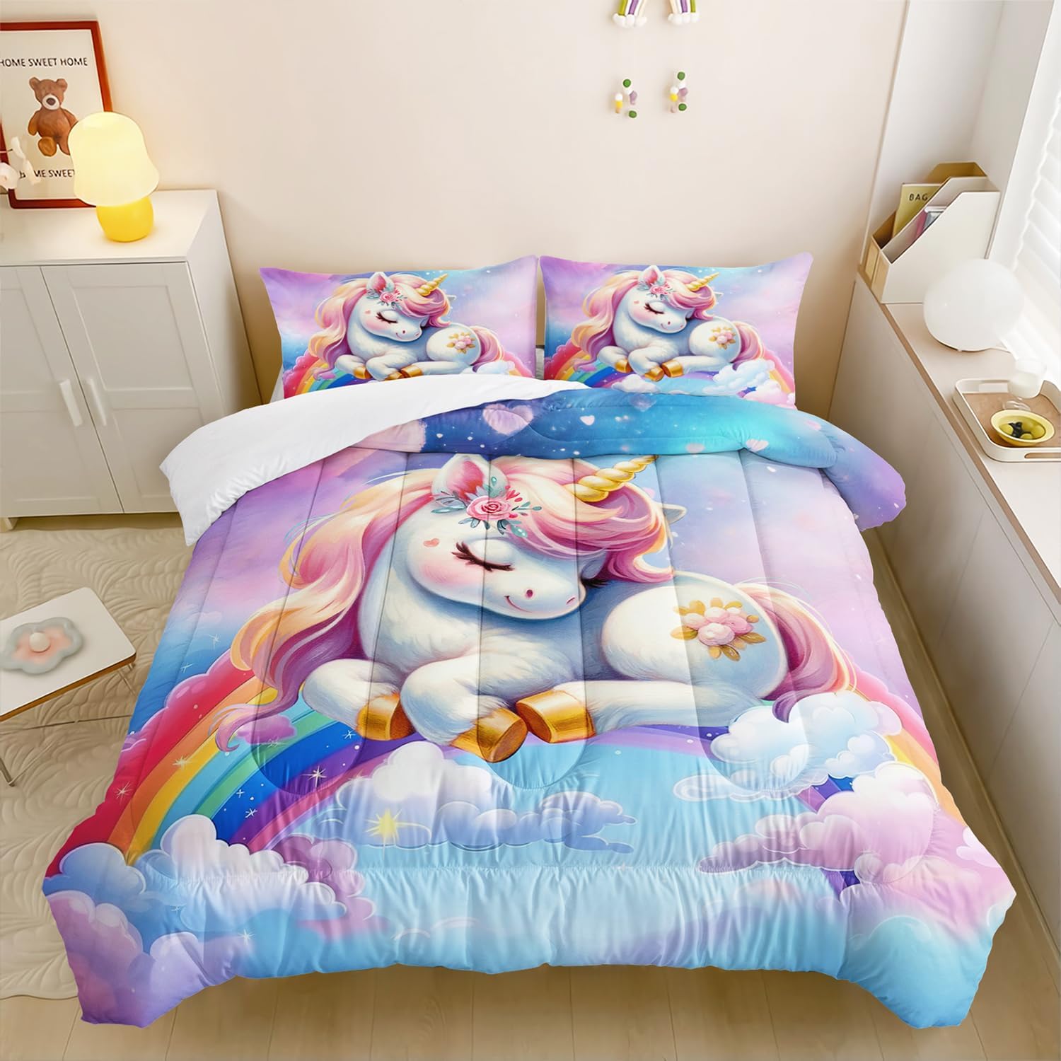 XYNHML Pink Blue Unicorn Comforter Set 3pcs Twin
