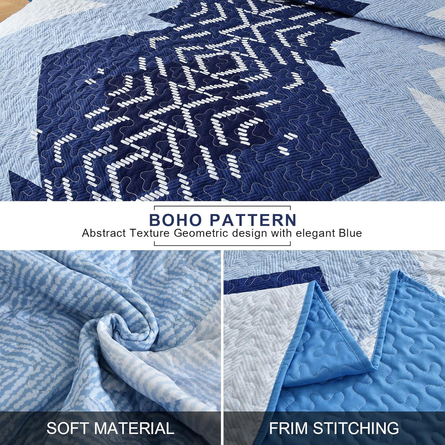 Dintszyayue Blue Boho Quilt Set Queen Size 3 Piece