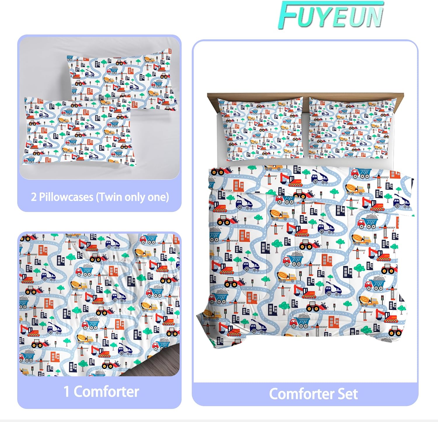 FUYEUN Cartoon Truck Comforter Set Twin
