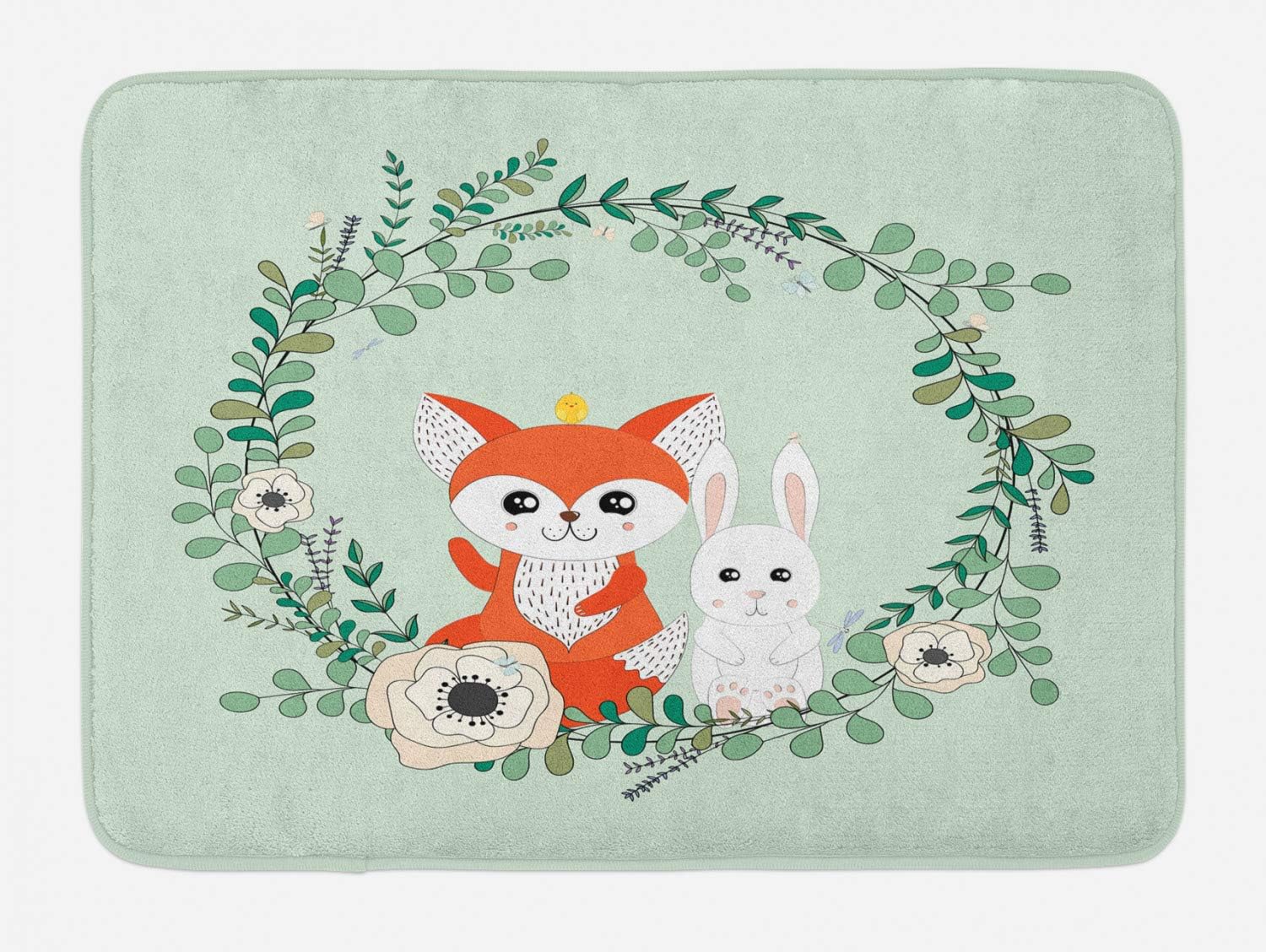 Ambesonne Cartoon Animal Bath Mat - Spring Friends Rabbit and Fox Floral