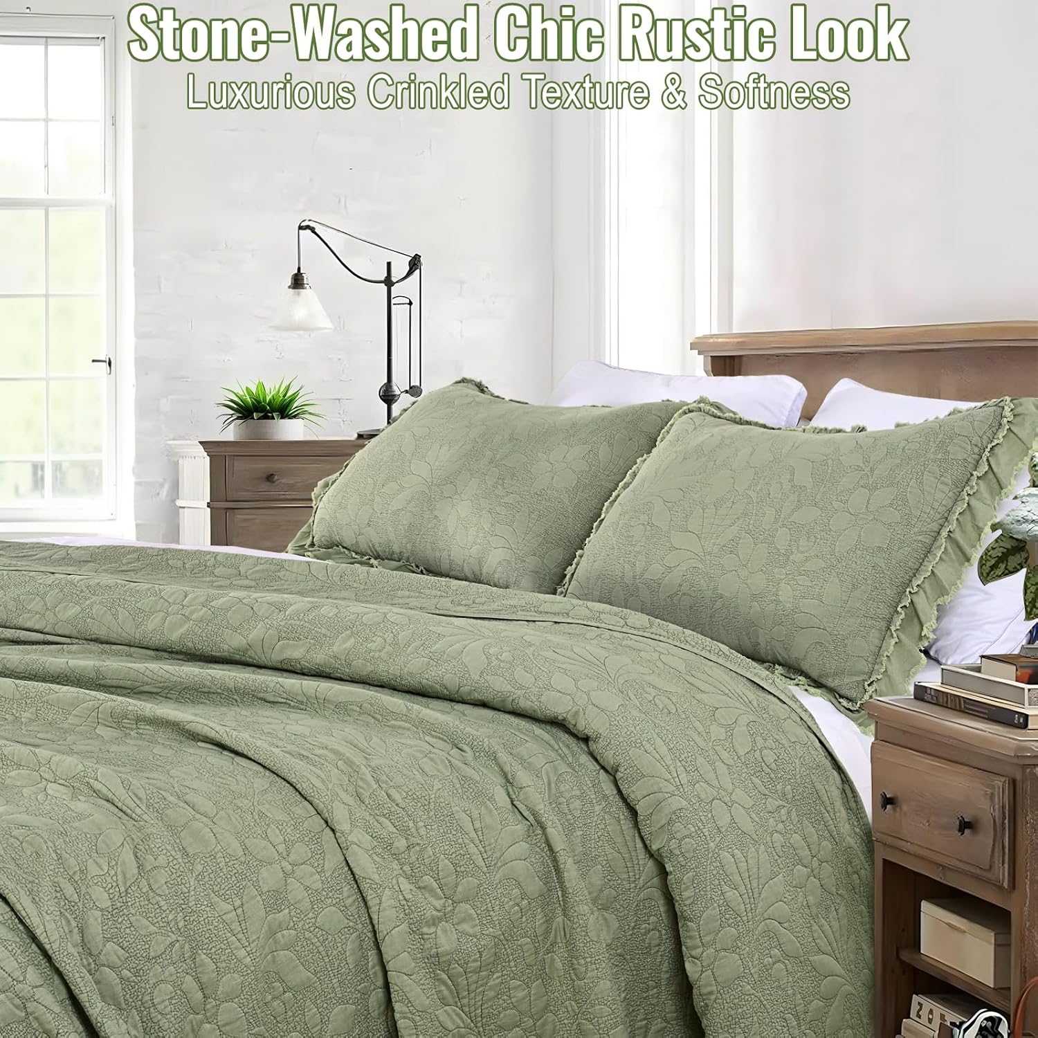 Uspring Green Ruffled Floral Quilt Set King Size 3 Piece